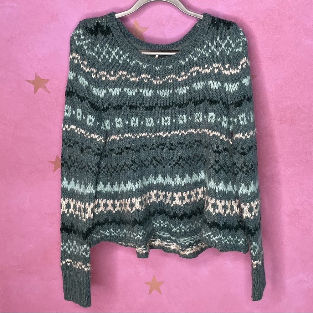 Free People Through The Storm Sweater Small Wool Blend Fair Isle Teal